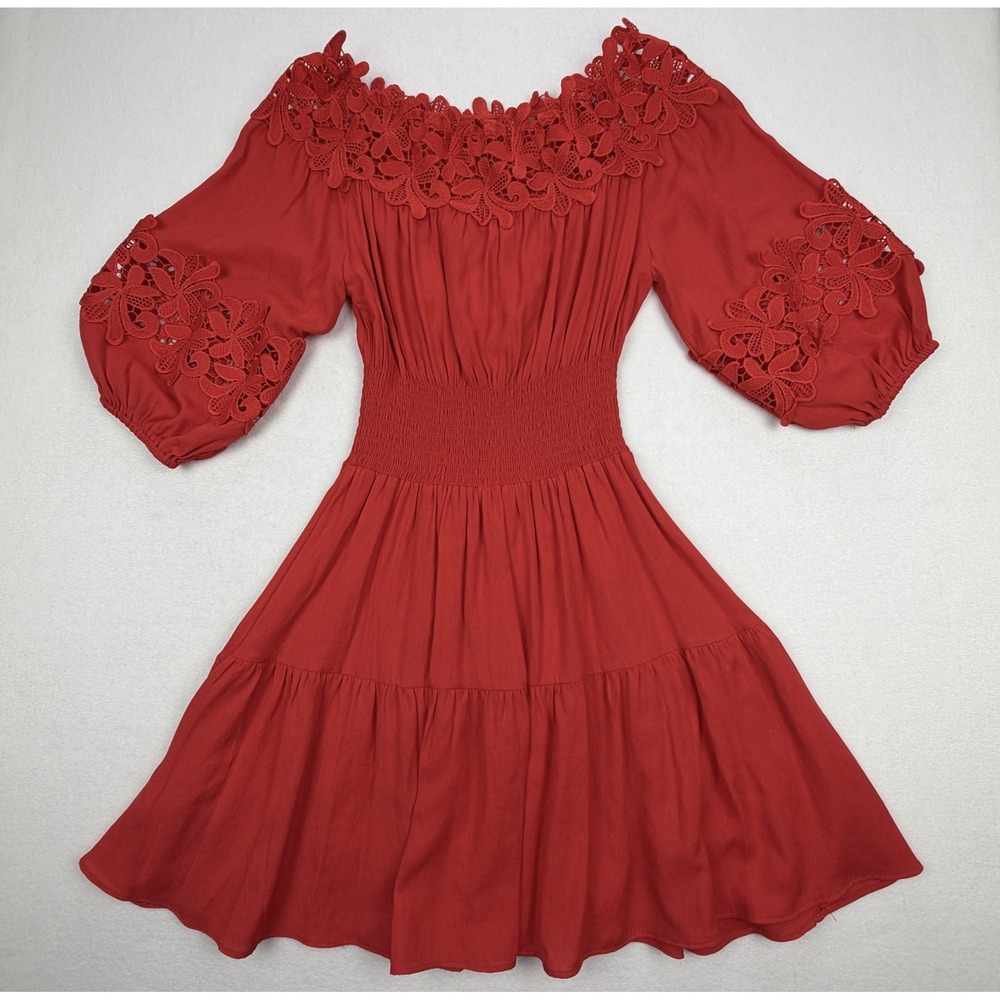 Gianni Bini Red Off The Shoulder Lace Smocked Mini Dress XS
